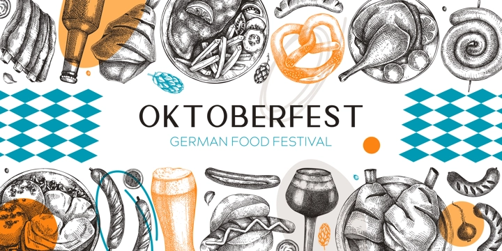 German food background in collage style. Oktoberfest menu trendy design. Vector meat dishes sketches and geometric shapes. German cuisine modern banner. Traditional Food festival illustration. 